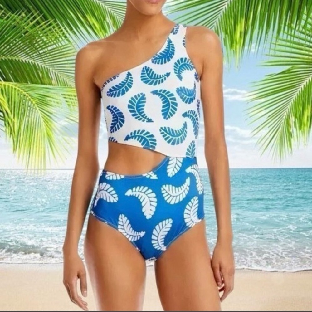 NWT AQUA x STUDIO 189 One-Shoulder Monokini, Colorblock White/Blue, Size Medium
